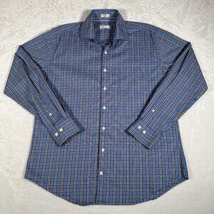 Peter Millar Shirt Men Size L Blue Plaid Long Sleeve Single Pocket Button Up EUC